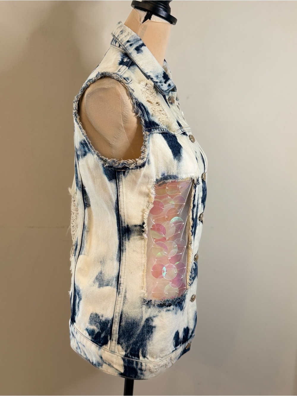 Relish tie dye sequin metal stud denim jeans vest SZ SM - Picture 2 of 12